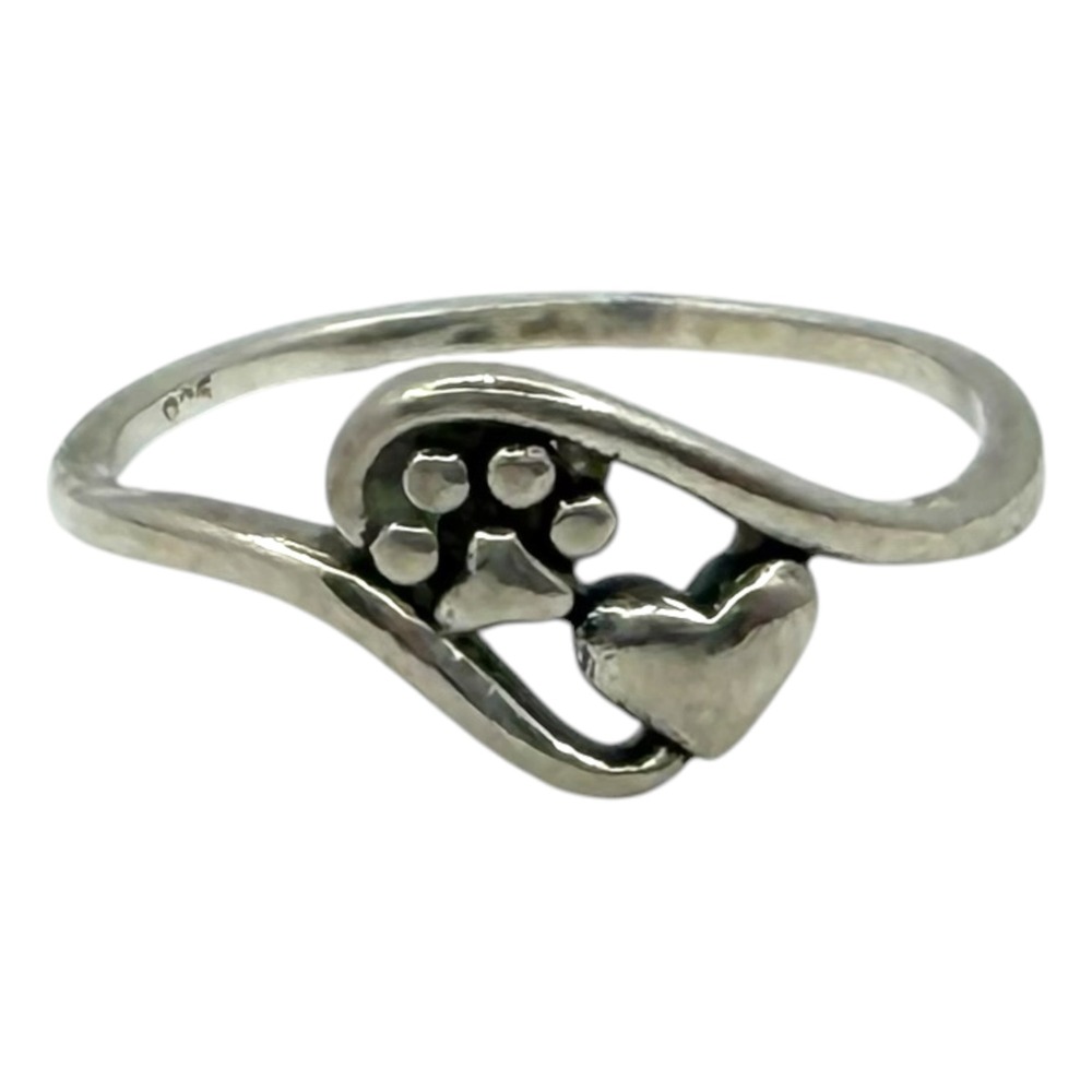 Vintage Paw Print Heart Bypass Ring Sterling Silver Size 5 Silver Animal Theme